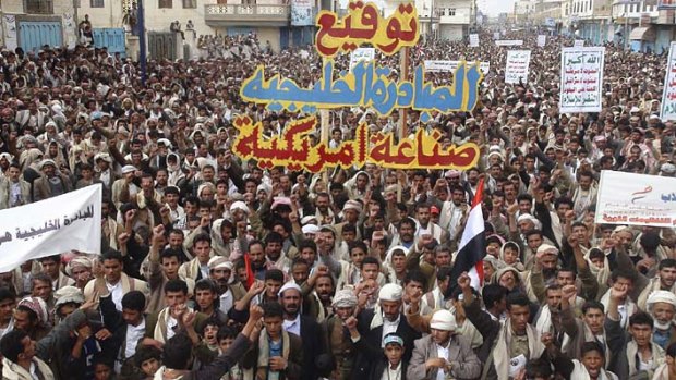Anti-government protesters demand the trial of Yemen's departing President Ali Abdullah Saleh in the northwestern city of Saada.