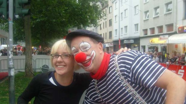 Technical help and a hindrance ... a Facebook photo of Britt Lapthorne with a clown in Germany, taken weeks before her disappearance in Croatia.