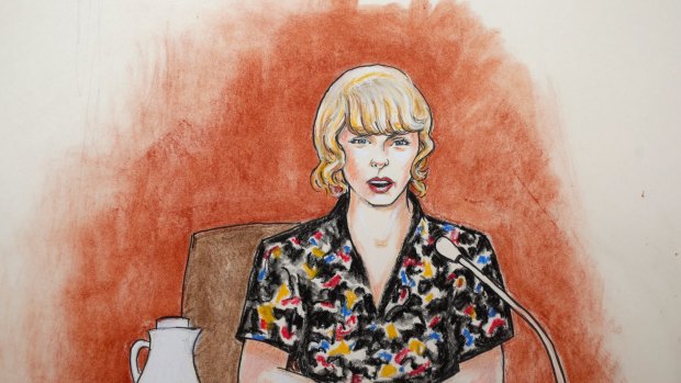 In this courtroom sketch, pop singer Taylor Swift testifies with clarity, strength and resistance.