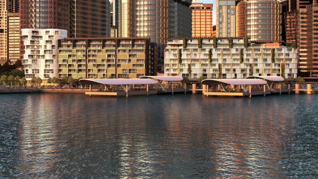 Artist's impressions of the exterior of the new  themed apartments of the residential development at Barangaroo at Darling Harbour East, Sydney.