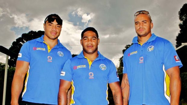 Pride of Cherbourg ... Willie Tonga, Chris Sandow and Esi Tonga in their new Parramatta colours.