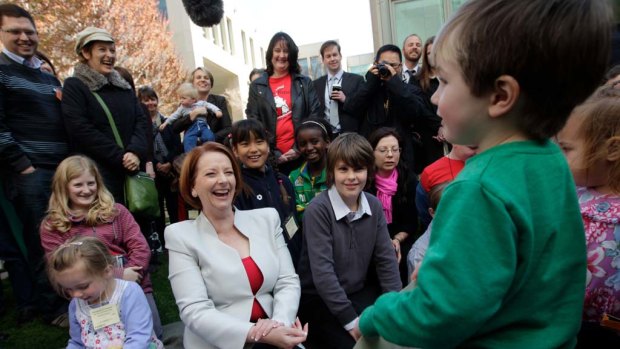 Prime Minister Julia Gillard  meets   mothers and children to mark the introduction of climate legislation into Parliament.