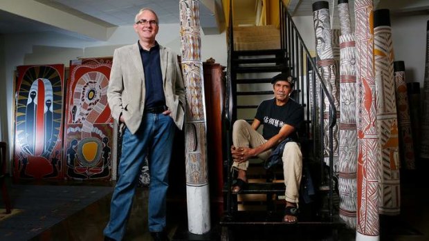 Art collector Hans Sip, left, with indigenous artist Billy Doolan. Sip has more than 120 mainly Aboriginal artworks.