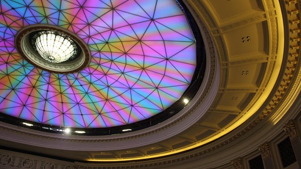 The multi-coloured ceiling lights of the City Hall dome.