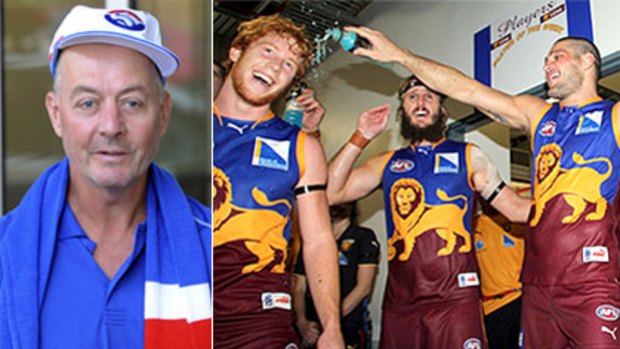 Unapologetic Bulldog supporter Campbell Davey outside court today (left) after his run in with Brendon Fevola (far right), pictured celebrating victory on Saturday night.