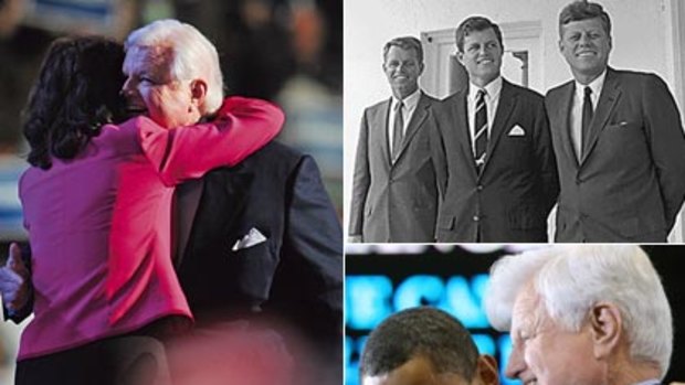 The ties that bind ... battling severe illness, Ted Kennedy embraces wife Vicki at the 2008 Democratic Convention; above right, with brothers Robert, left, and John, right, and Kennedy with Barack Obama.