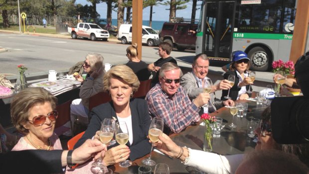 Liberal member for Curtin and expected foreign minister, Julie Bishop and WA Premier Colin Barnett celebrate in Cottesloe.