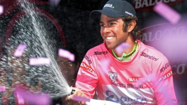 Australian Michael Matthews celebrates after retaining the leader's jersey after stage 3 of the Giro d'Italia in Dublin.