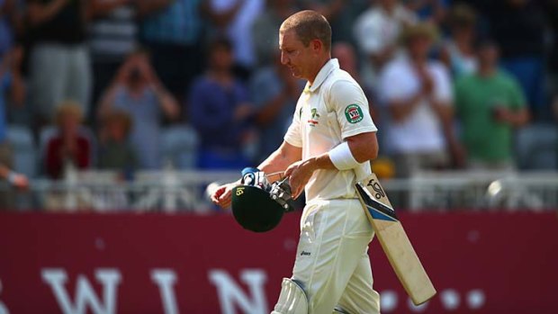 An obviously dejected Brad Haddin wends his way back to the dressing rooms.
