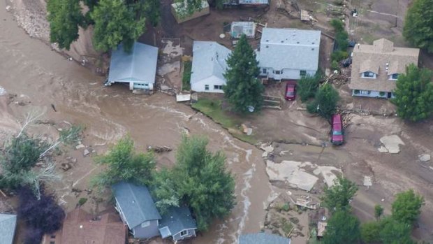 An aerial photo of a flood-affected area of northern Colorado along the Big Thompson River which has been declared a federal disaster area.