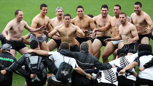 Bonding with a difference ... Timana Tahu and Lewis Brown, foreground, and other debutants practice the haka for New Zealand Maori teammates before the Four Nations warm-up against England on Saturday in Auckland.