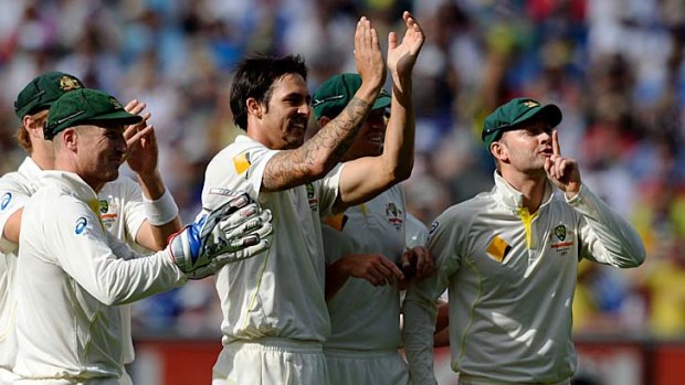 Silence please: The Australians send a message to The Barmy Army after Mitchell Johnson dismissed Johnny Bairstow.