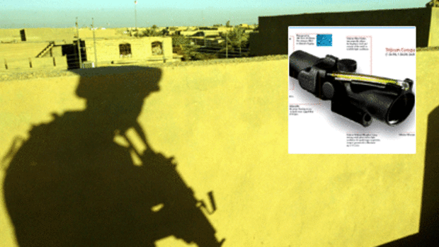 A US Marine on patrol in Iraq and, inset, the Trijicon Advanced Combat Optical Gunsight.