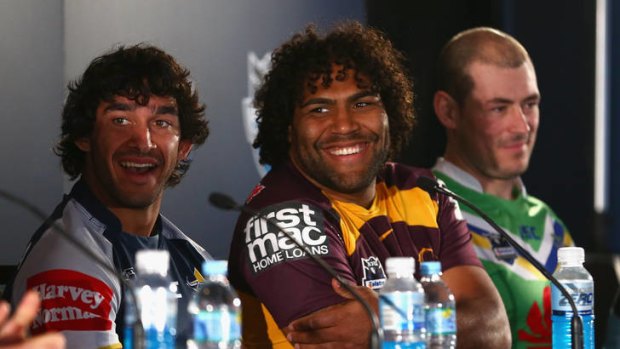 Johnathan Thurston of the Cowboys and Sam Thaiday of the Broncos speak at a media call for NRL finals contenders.