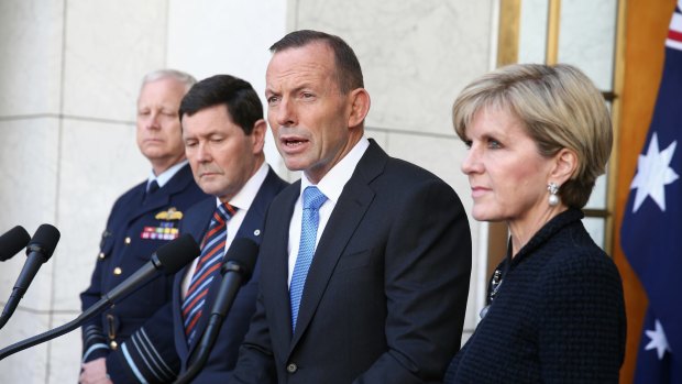 Chief of the Defence Force Mark Binskin, Defence Minister Kevin Andrews, Prime Minister Tony Abbott and Foreign  Minister Julie Bishop during a joint press conference at Parliament House.