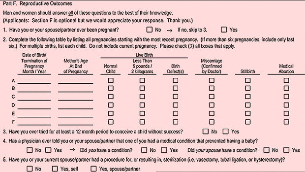This part of the application form asks about a complete reproductive history.