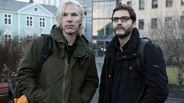 Benedict Cumberbatch as Julian Assange (left) and Daniel Bruhl during filming of <i>The Fifth Estate</i> in Iceland.