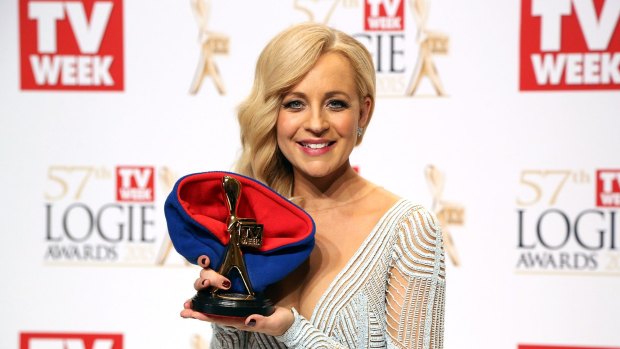 MELBOURNE, AUSTRALIA - MAY 03:  Carrie Bickmore poses in the awards room after winning the Gold Logie for Most Popular Personality On TV at the 57th Annual Logie Awards at Crown Palladium on May 3, 2015 in Melbourne, Australia.  (Photo by Graham Denholm/WireImage)