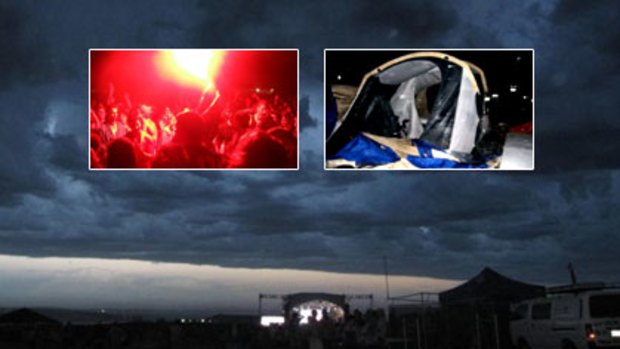 Facebook users have posted photos from the storm-stricken concert, showing (main) the front moving in, (inset left) angry fans and (inset right) a damaged tent.