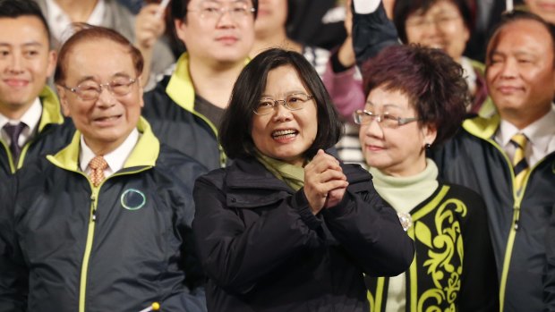 Taiwan's Democratic Progressive Party, DPP, presidential candidate Tsai Ing-wen waves as she celebrates winning the presidential election on January 16.