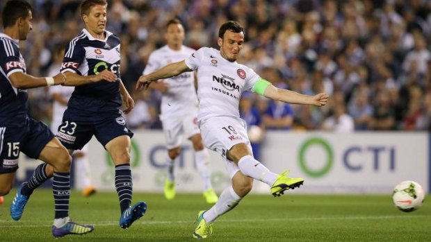 Wanderers' head toward clash with Real Madrid: Mark Bridge of the Wanderers kicks a goal during the round one of the A-League.