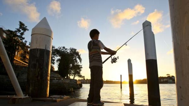 Feras Chaker, 13, from Marrickville fishing off the Chiswick Wharf near Five Dock Bay.