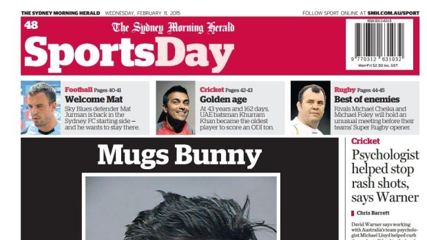 Mugs bunny: Sutton's mugshot on the <i>Herald's</i> SportsDay cover in February.