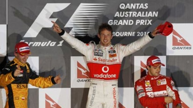 Jenson Button celebrates winning the Australian grand prix.