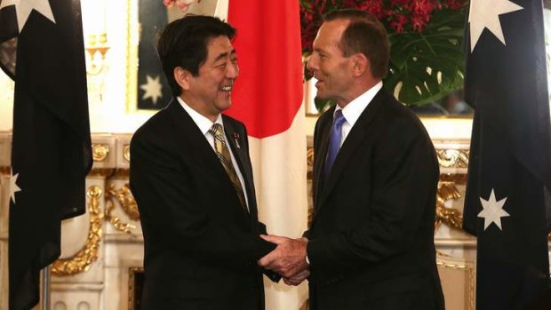 All smiles: Japanese Prime Minister Shinzo Abe with Tony Abbott in Tokyo.