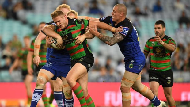 Charge: Tom Burgess was in great form for the Rabbitohs.
