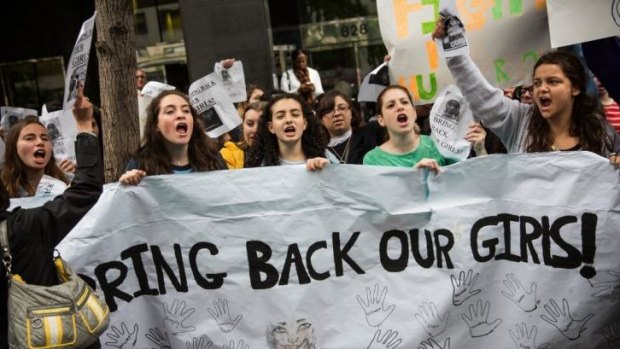 Wide-wide campaign ... Students from Midreshet Shalhevet High School for Girls protest outside the Nigerian consulate for more action to be taken to rescue the school girls kidnapped by the Islamist group Boko Haram in Nigeria in New York City.