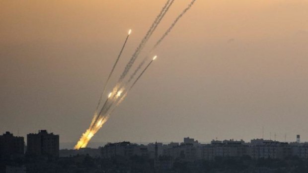 Rockets being fired from the Gaza strip into Israel.