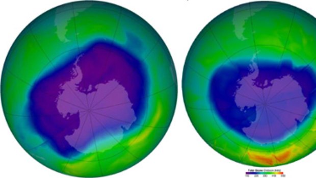 Big hole... left, a September 2006 compiled satellite image shows the ozone hole over Antarctica at its largest - 27.4 million square kilometres. Smaller hole... right, a September 2009 image showing the ozone hole has decreased to 25 million square kilometres.