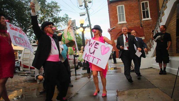 Code Pink protesters taunt people waiting in line to enter Ybor City's Cuban Club which is reported to be hosting a party attended by  prominent Republicans. The  demostrators accuse the people attending the party of being too rich.
