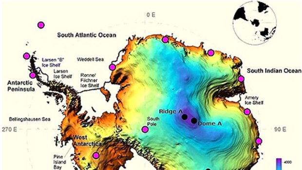 A topographical map of the locations of planned observatories in Antarctica including the recently discovered Ridge A.