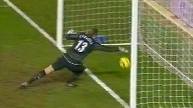 Infamous: Manchester United's Roy Carroll drops the ball into his goal in 2005, but it was ruled no goal. 