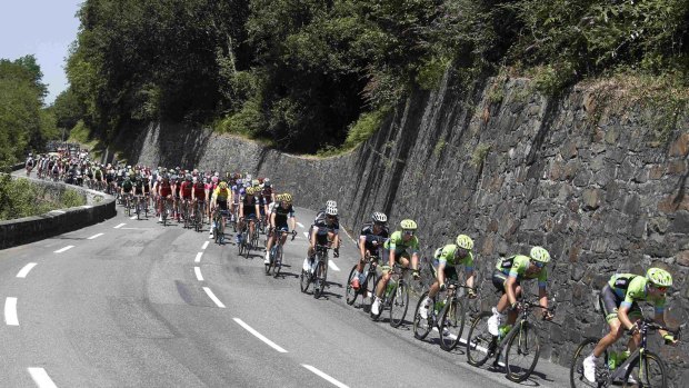 The peloton descends during the 188-km eleventh stage of the tour, from Pau to Cauterets, in the Pyrenees mountains.