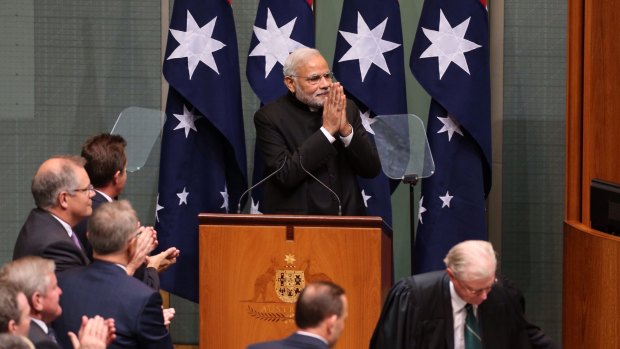 Indian Prime Minister Narendra Modi addresses the Australian Parliament.