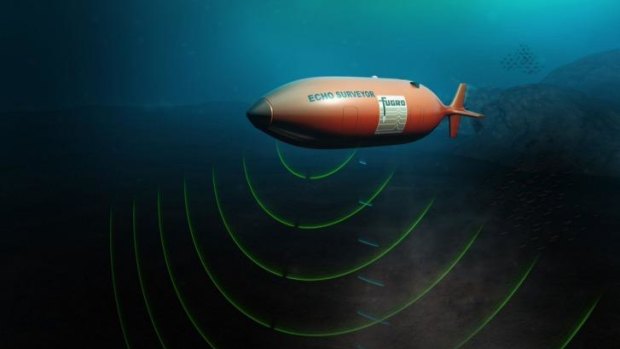 An illustration of an autonomous underwater vehicle searching for flight MH370.