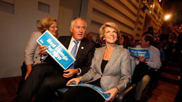 Root and branch reform seems not to be in the offing . . . Lucy Turnbull, Malcolm Turnbull and Julie Bishop at the Coalition's launch yesterday.