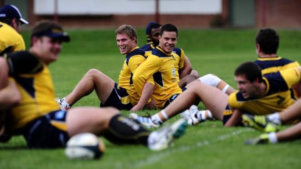 Brumbies players L-R Michael Hooper and Matt Toomua during training at Brumbies HQ, Griffith.