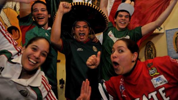 Mexico supporters Mary Castaneda, Sam Morales, Arturo Morales, Chris Andrade and Jack Morales at Los Amates in Fitzroy.