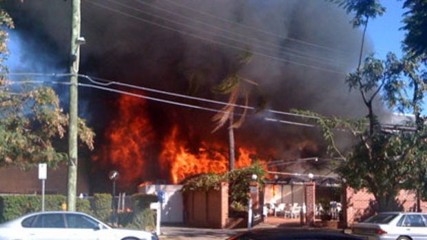 The fire at the back of the Norman Hotel earlier this afternoon.