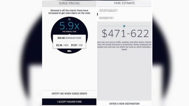 How the 'surge' pricing element of Uber appears on screen.
