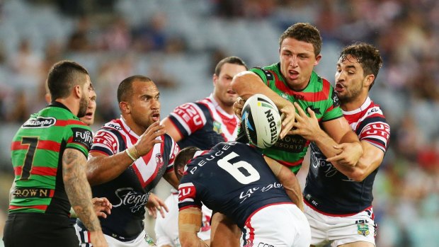 Back with a bang: Rabbitohs superstar Sam Burgess will return to the NRL in a Sunday afternoon blockbuster against the Roosters on March 6.  