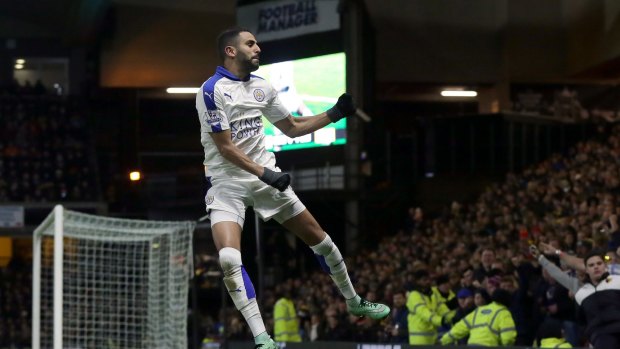 Leicester's Riyad Mahrez celebrates his crucial goal at Vicerage Road.