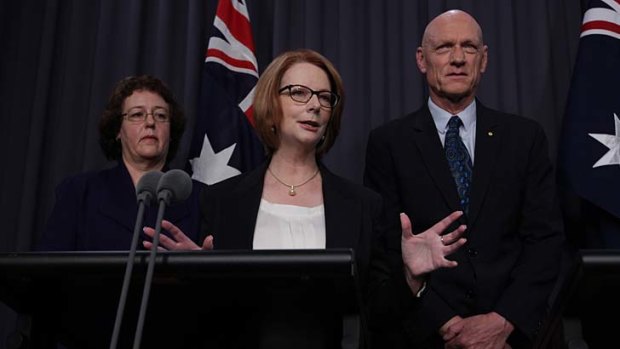 Prime Minister Julia Gillard, with School Education Minister Peter Garrett and parliamentary secretary Jacinta Collins, speak to the media about school funding.