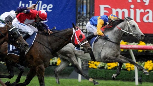 Cup day joy ... Dom Tourneur and Eclair Surprise, red hood, win on Tuesday at Flemington.