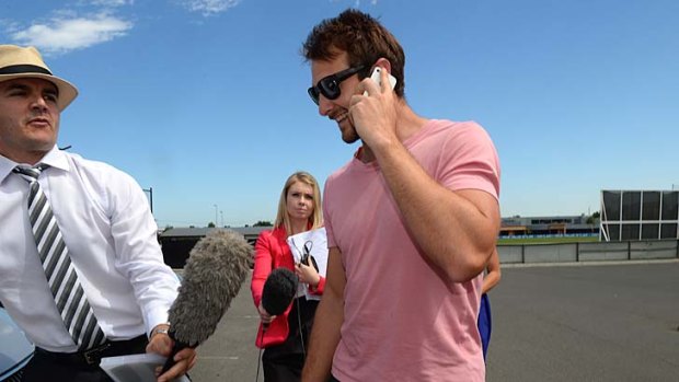 Eye of the storm ... Essendon captain Jobe Watson leaves Windy Hill on Thursday. Bombers players were injected by club sports scientists and fed substances intravenously.