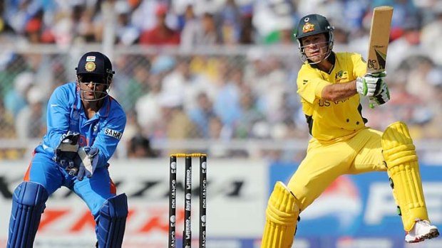 Australian captain Ricky Ponting cuts during his last innings, an heroic centrury against India in the World  Cup quarter-final loss.